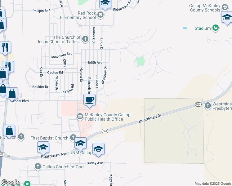 map of restaurants, bars, coffee shops, grocery stores, and more near 1818 Monterey Court in Gallup