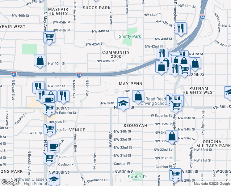 map of restaurants, bars, coffee shops, grocery stores, and more near 2445 Northwest 38th Street in Oklahoma City