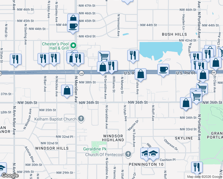 map of restaurants, bars, coffee shops, grocery stores, and more near 3805 Williams Street in Oklahoma City