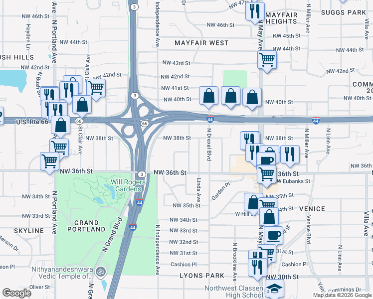 map of restaurants, bars, coffee shops, grocery stores, and more near 3201 Northwest 37th Street in Oklahoma City