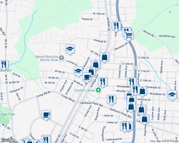 map of restaurants, bars, coffee shops, grocery stores, and more near 914 North Juniper Avenue in Kannapolis