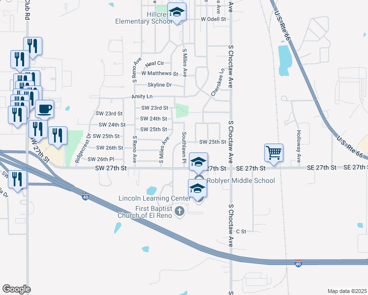 map of restaurants, bars, coffee shops, grocery stores, and more near 2504 Southlawn Place in El Reno