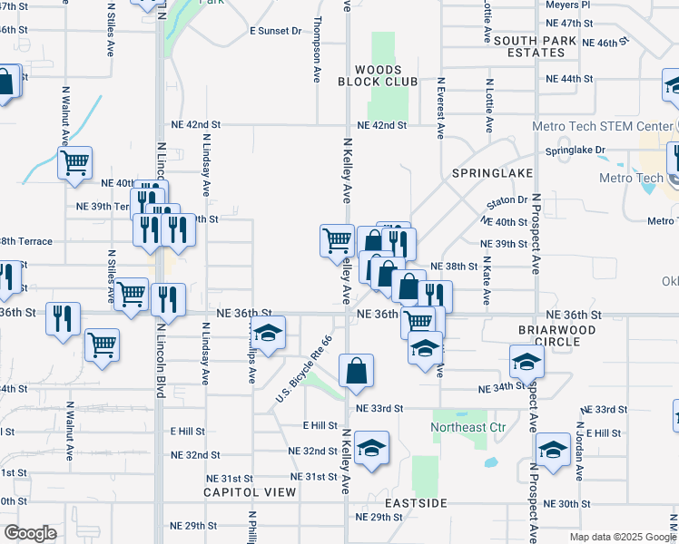 map of restaurants, bars, coffee shops, grocery stores, and more near 3815 North Kelley Avenue in Oklahoma City