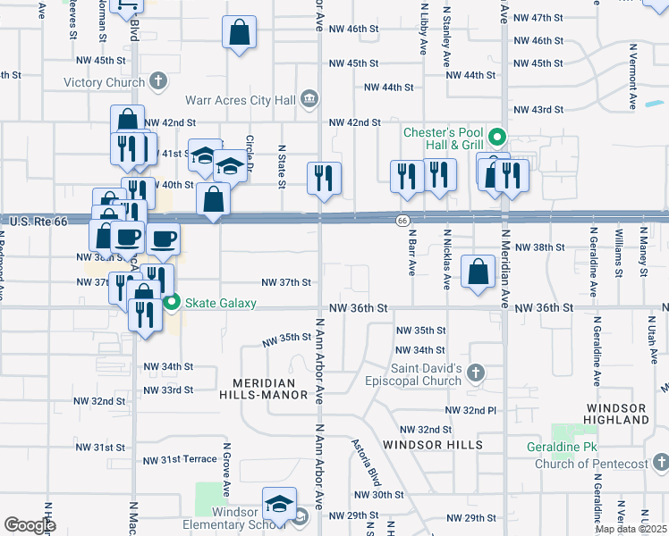 map of restaurants, bars, coffee shops, grocery stores, and more near 3830 North Ann Arbor Avenue in Oklahoma City