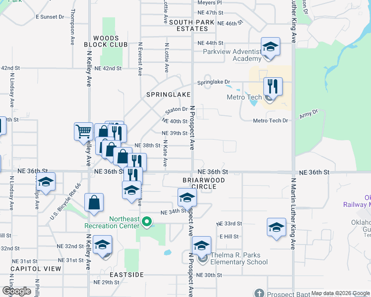 map of restaurants, bars, coffee shops, grocery stores, and more near 1400 Northeast 38th Street in Oklahoma City