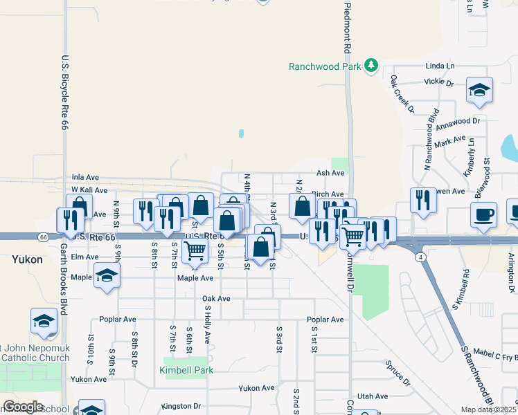 map of restaurants, bars, coffee shops, grocery stores, and more near 309 Cedar Avenue in Yukon