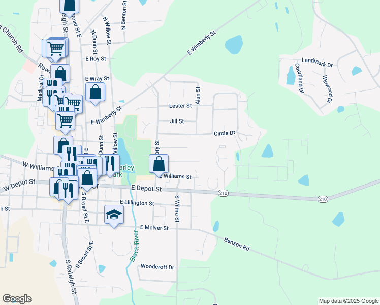 map of restaurants, bars, coffee shops, grocery stores, and more near 258 Kay Ln in Angier
