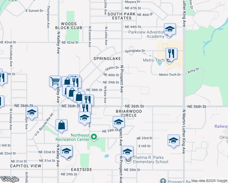map of restaurants, bars, coffee shops, grocery stores, and more near 1400 Northeast 38th Street in Oklahoma City