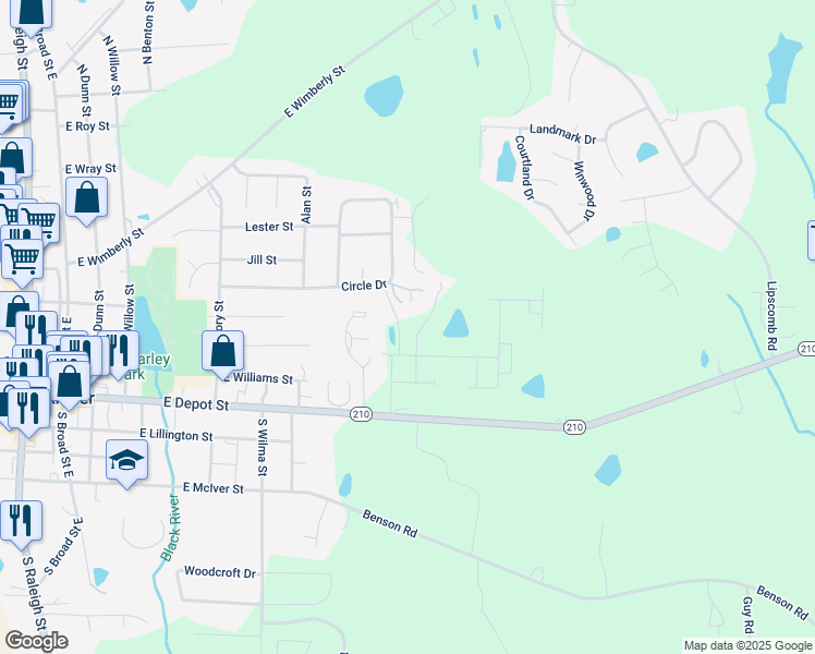 map of restaurants, bars, coffee shops, grocery stores, and more near 46 Bowden Family Lane in Angier