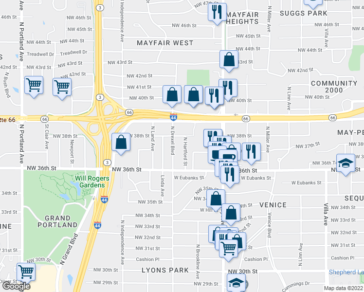 map of restaurants, bars, coffee shops, grocery stores, and more near 3809 North Hartford Street in Oklahoma City