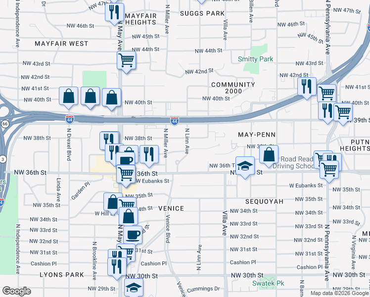 map of restaurants, bars, coffee shops, grocery stores, and more near 2601 Northwest 37th Street in Oklahoma City