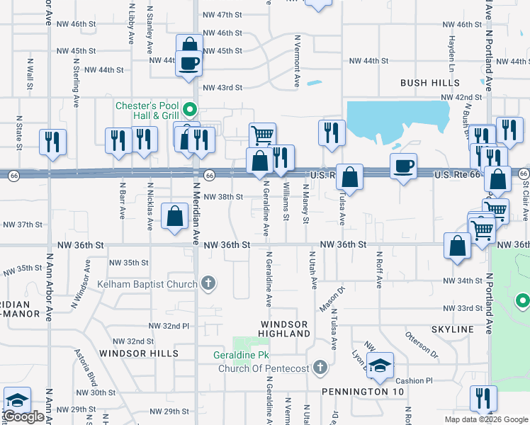 map of restaurants, bars, coffee shops, grocery stores, and more near 3809 North Geraldine Avenue in Oklahoma City