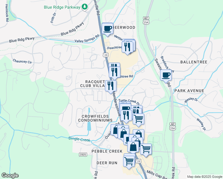 map of restaurants, bars, coffee shops, grocery stores, and more near 1655 Hendersonville Road in Asheville