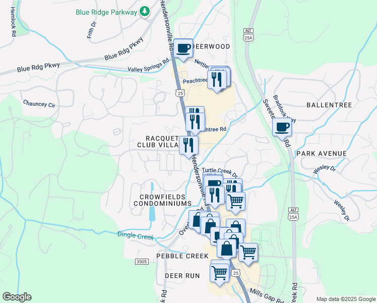 map of restaurants, bars, coffee shops, grocery stores, and more near 1655 Hendersonville Road in Asheville