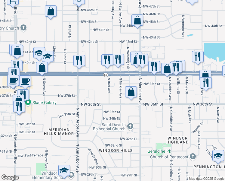 map of restaurants, bars, coffee shops, grocery stores, and more near 3804 North Barr Avenue in Oklahoma City