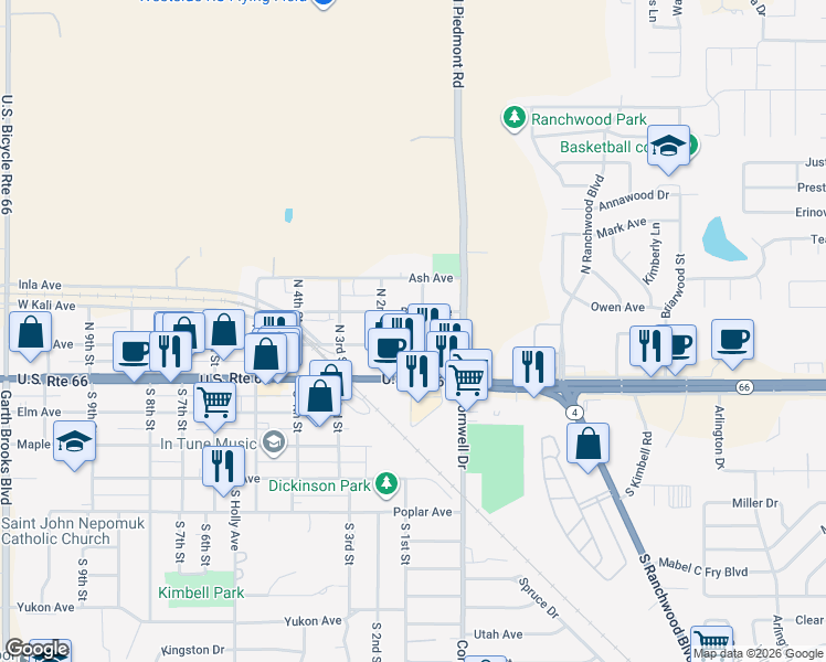 map of restaurants, bars, coffee shops, grocery stores, and more near 104-102 Villa Avenue in Yukon