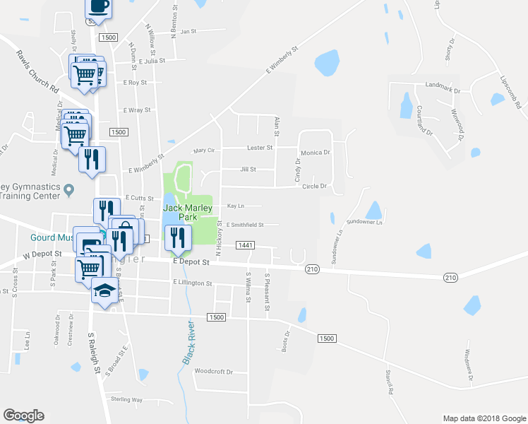 map of restaurants, bars, coffee shops, grocery stores, and more near 258 Kay Ln in Angier