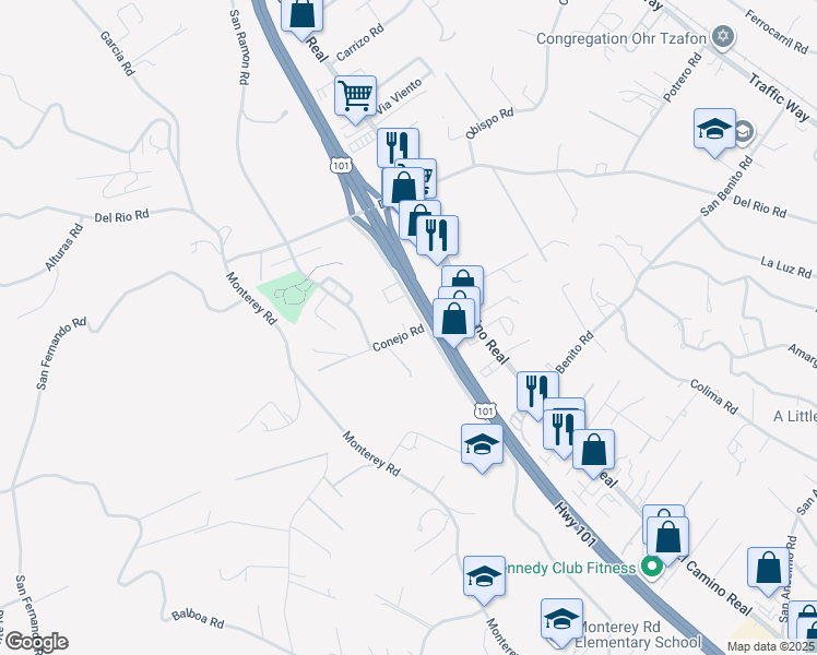 map of restaurants, bars, coffee shops, grocery stores, and more near 6020 Conejo Road in Atascadero