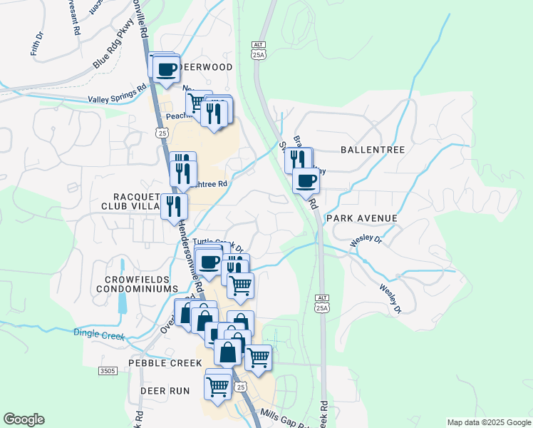 map of restaurants, bars, coffee shops, grocery stores, and more near 500 Turtle Creek Drive in Asheville