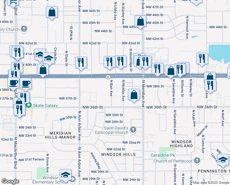 map of restaurants, bars, coffee shops, grocery stores, and more near 3804 North Barr Avenue in Oklahoma City