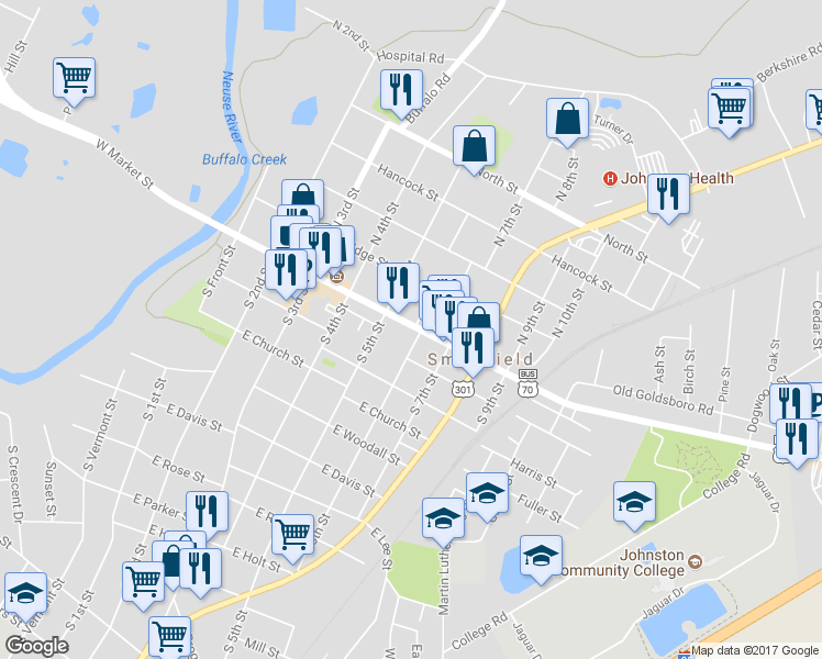 map of restaurants, bars, coffee shops, grocery stores, and more near 512 North Carolina 210 in Smithfield