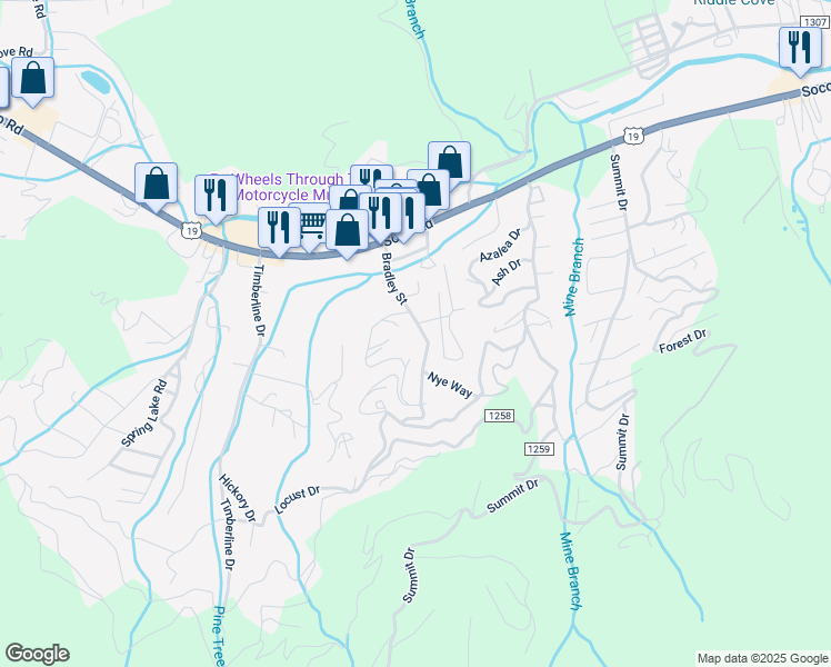 map of restaurants, bars, coffee shops, grocery stores, and more near 202 Bradley Street in Maggie Valley