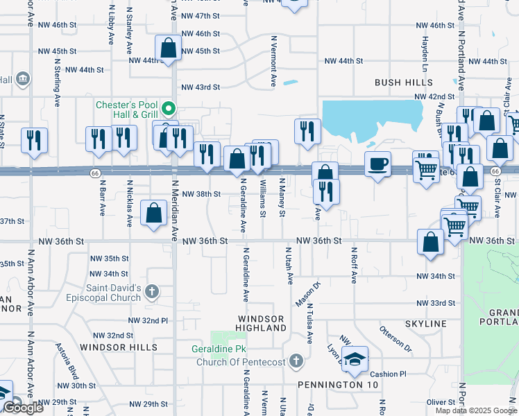 map of restaurants, bars, coffee shops, grocery stores, and more near 3805 Williams Street in Oklahoma City