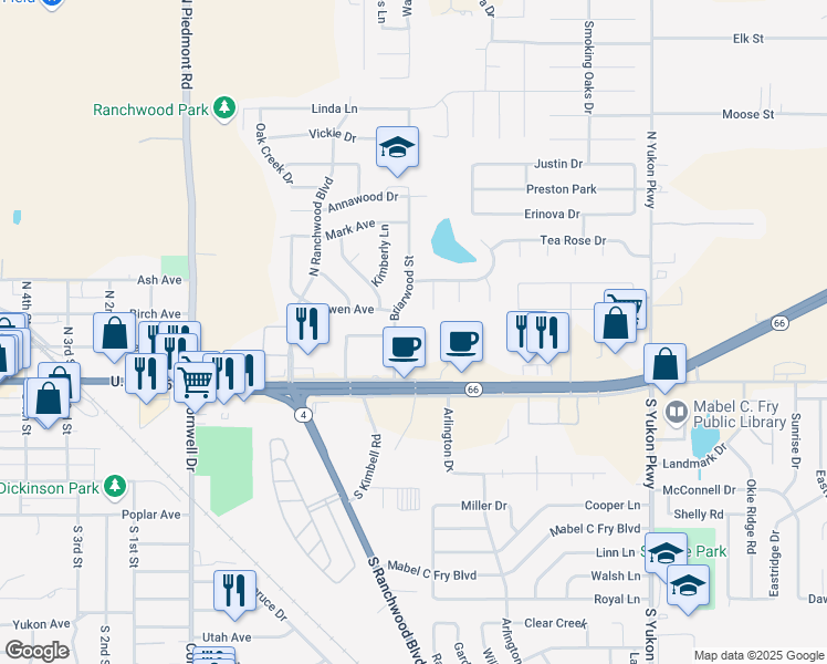 map of restaurants, bars, coffee shops, grocery stores, and more near 115 Briarwood Street in Yukon
