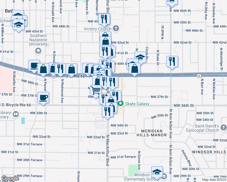 map of restaurants, bars, coffee shops, grocery stores, and more near 3860 North Macarthur Boulevard in Warr Acres