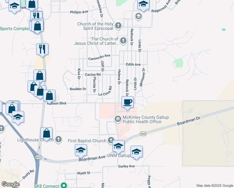 map of restaurants, bars, coffee shops, grocery stores, and more near 1708 Helena Drive in Gallup