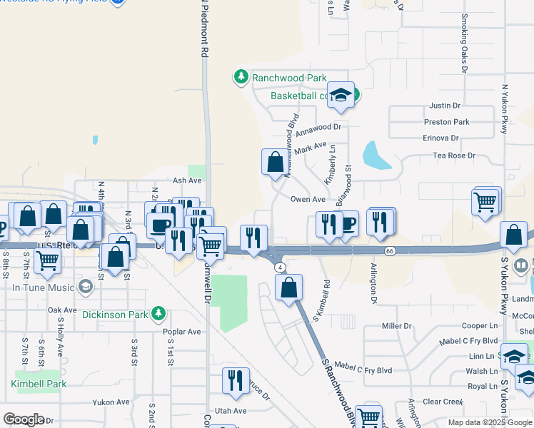 map of restaurants, bars, coffee shops, grocery stores, and more near 119 North Ranchwood Boulevard in Yukon