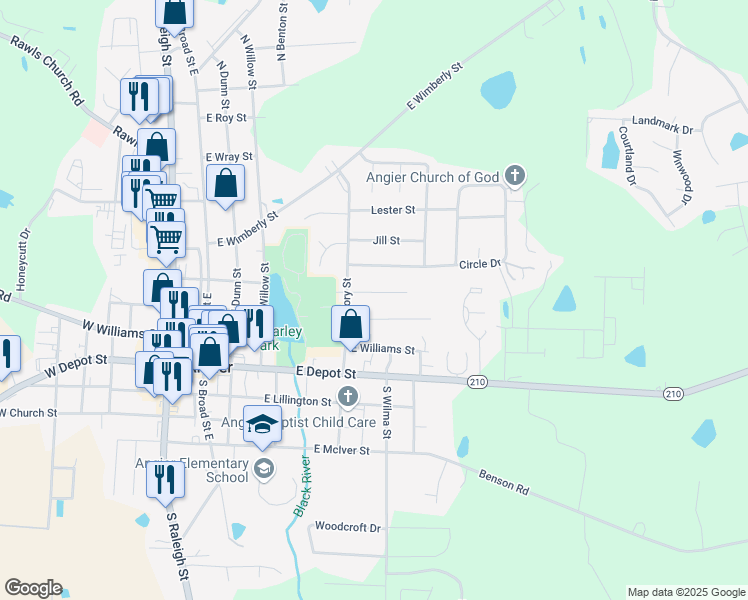 map of restaurants, bars, coffee shops, grocery stores, and more near 176 Kay Lane in Angier