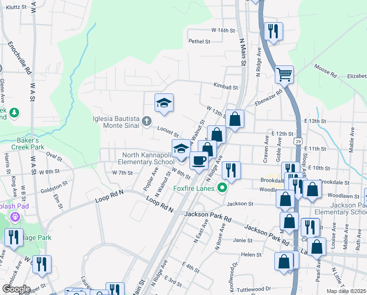 map of restaurants, bars, coffee shops, grocery stores, and more near 917 North Walnut Street in Kannapolis