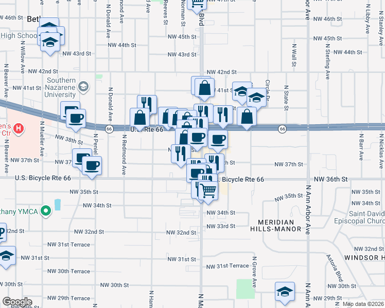 map of restaurants, bars, coffee shops, grocery stores, and more near 5916 Northwest 38th Street in Oklahoma City