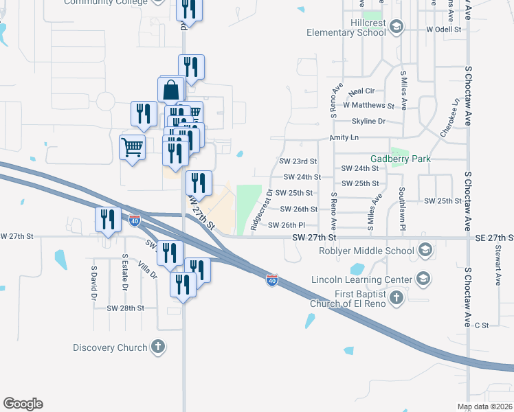 map of restaurants, bars, coffee shops, grocery stores, and more near 2600 Ridgecrest Drive in El Reno
