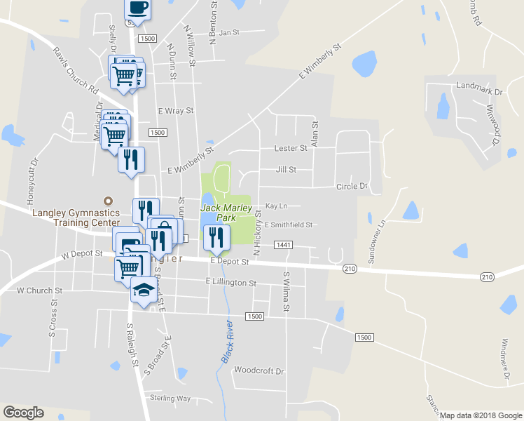 map of restaurants, bars, coffee shops, grocery stores, and more near 124 Kay Lane in Angier