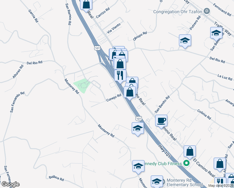 map of restaurants, bars, coffee shops, grocery stores, and more near 6020 Conejo Road in Atascadero