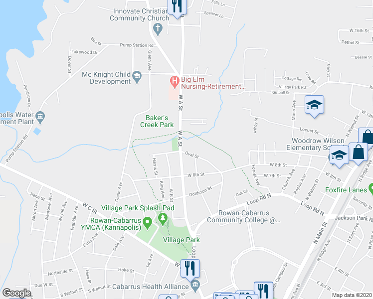 map of restaurants, bars, coffee shops, grocery stores, and more near 902 Oval Street in Kannapolis