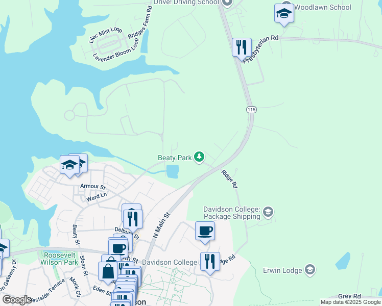 map of restaurants, bars, coffee shops, grocery stores, and more near 835 Beaty Street in Davidson