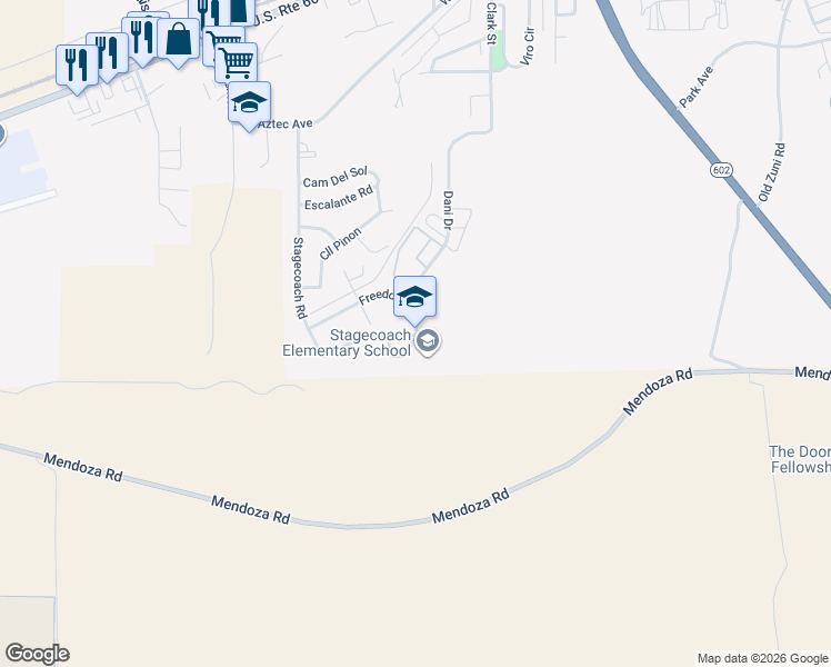 map of restaurants, bars, coffee shops, grocery stores, and more near Freedom Drive in Gallup