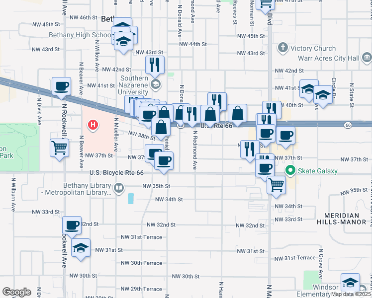 map of restaurants, bars, coffee shops, grocery stores, and more near 3812 North Donald Avenue in Bethany