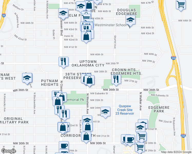 map of restaurants, bars, coffee shops, grocery stores, and more near 917 Northwest 37th Street in Oklahoma City