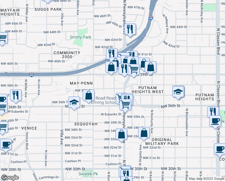map of restaurants, bars, coffee shops, grocery stores, and more near 3821 North Barnes Avenue in Oklahoma City