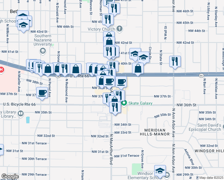 map of restaurants, bars, coffee shops, grocery stores, and more near 3860 North MacArthur Boulevard in Warr Acres
