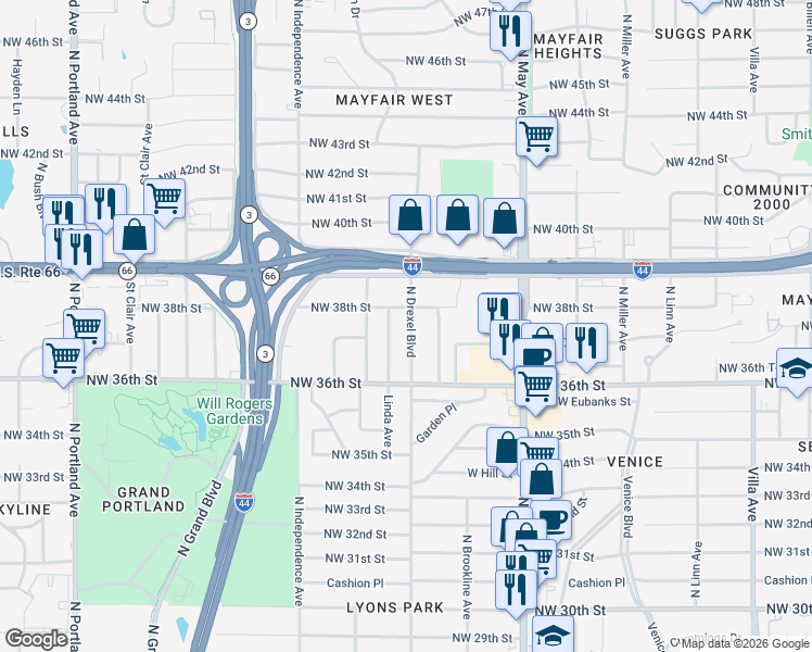 map of restaurants, bars, coffee shops, grocery stores, and more near 3813 North Drexel Boulevard in Oklahoma City