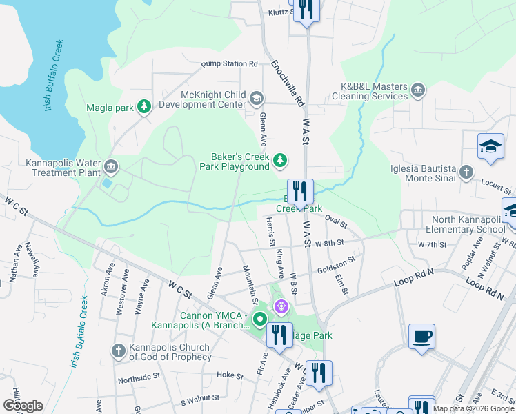 map of restaurants, bars, coffee shops, grocery stores, and more near 928 Oval Street in Kannapolis