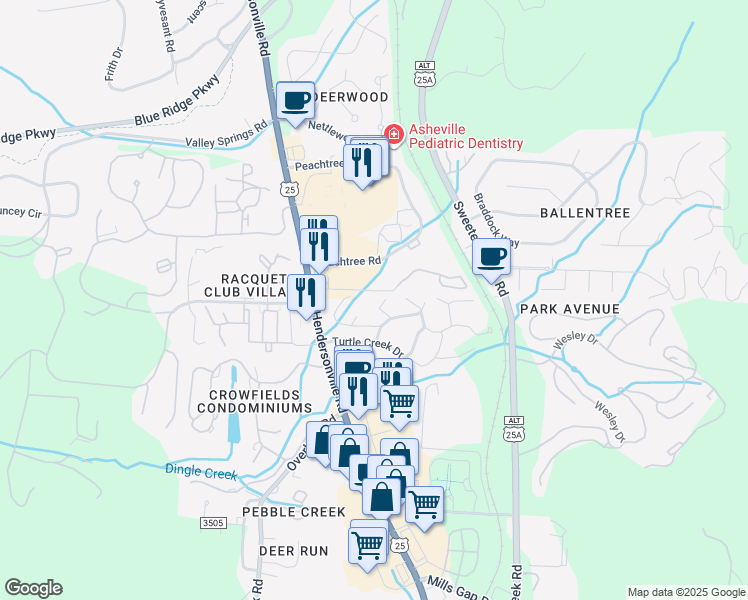 map of restaurants, bars, coffee shops, grocery stores, and more near 3 Carson Creek Drive in Asheville