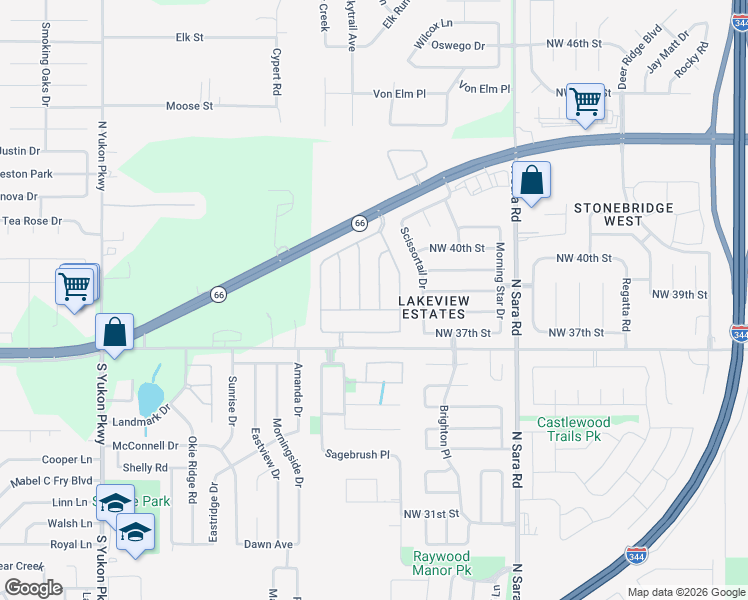 map of restaurants, bars, coffee shops, grocery stores, and more near 3821 Pamela Lane in Yukon