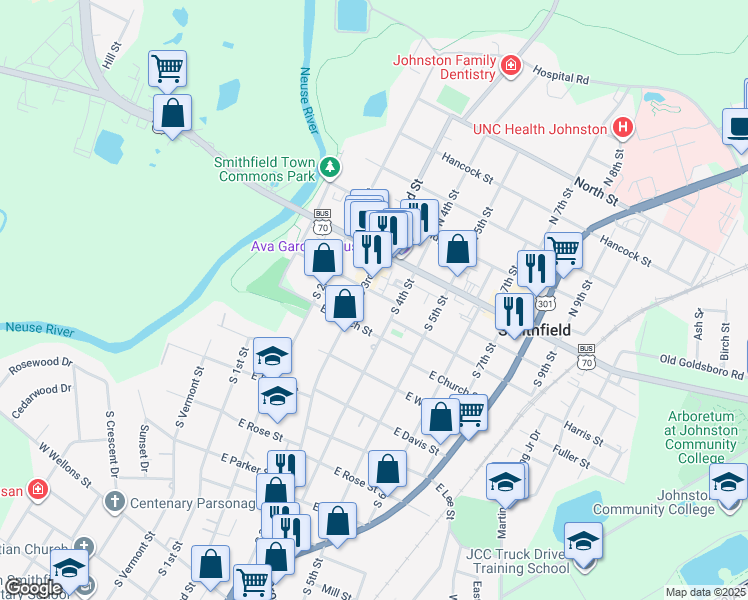 map of restaurants, bars, coffee shops, grocery stores, and more near 310 East Johnston Street in Smithfield