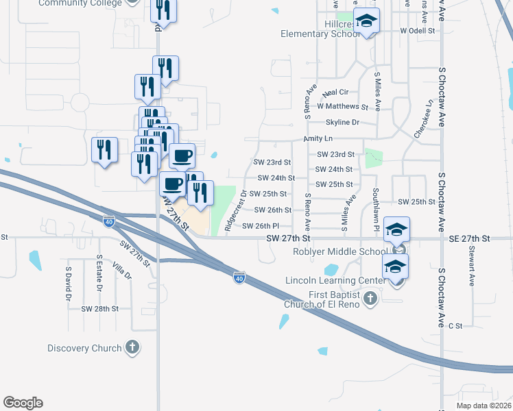 map of restaurants, bars, coffee shops, grocery stores, and more near 814 Southwest 26th Street in El Reno